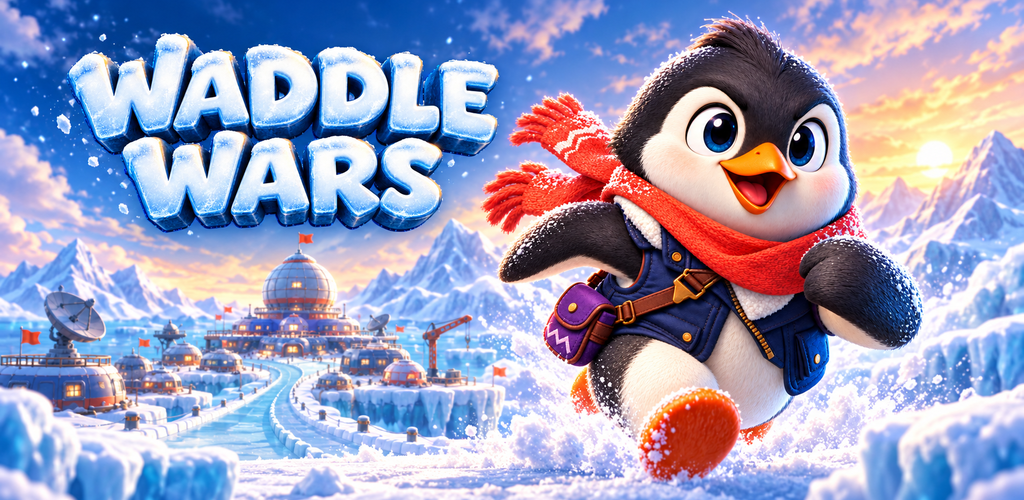 Waddle Wars game artwork showing a penguin running across an icy world
